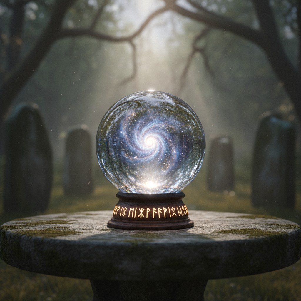 A transparent crystal ball with a swirling blue and white image in the center sits atop an unmarked moss-covered pedestal ...