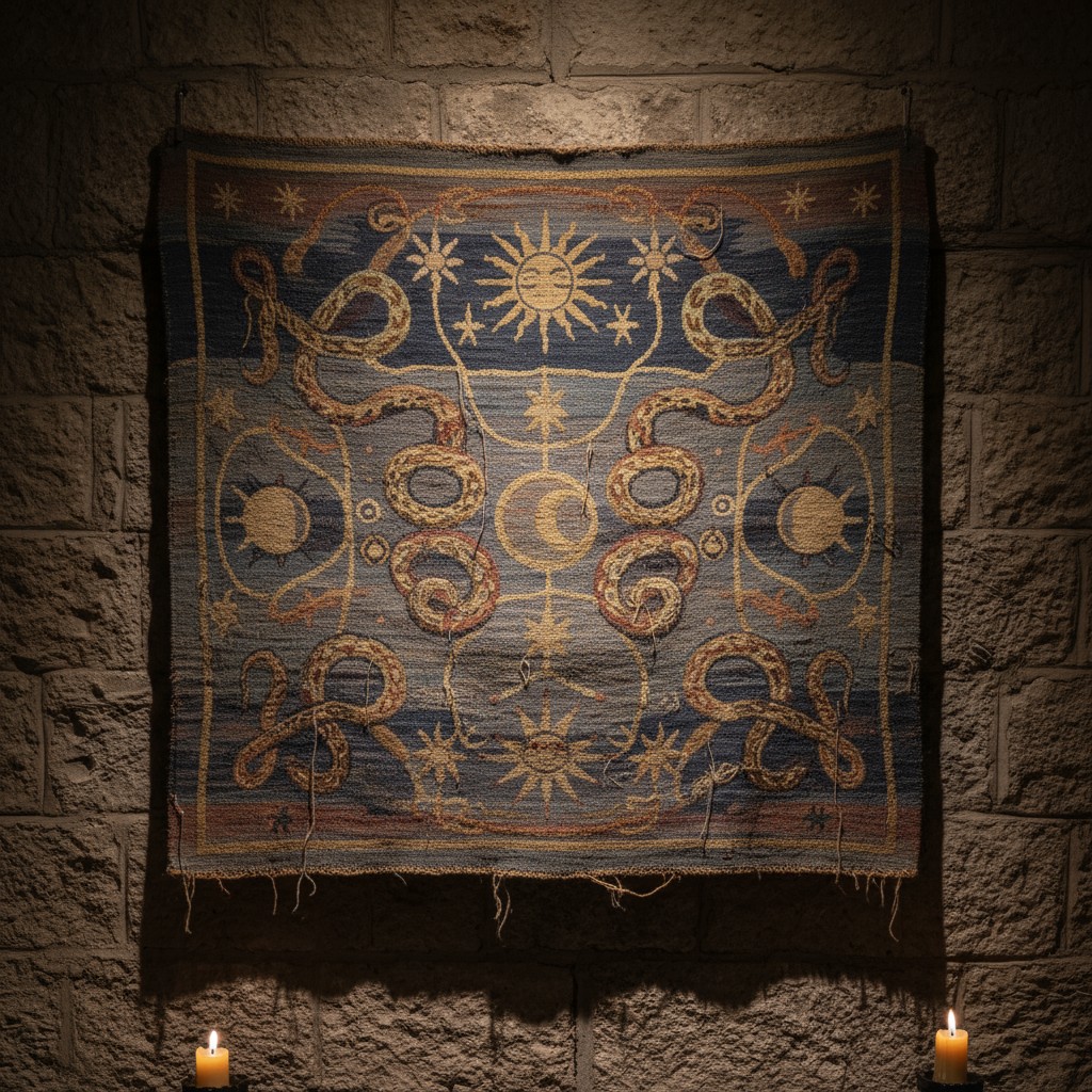 Ancient tapestry depicting mystical symbols and creatures in a dark stone room illuminated by candlelight.
