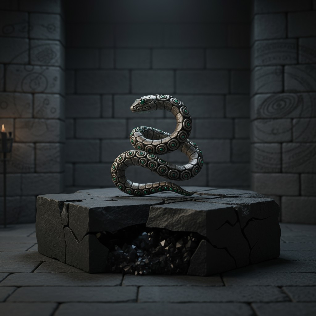 The snake is likely a mark of death or mortality and curses through it, a metaphysical fantasy image, posing on a rock.