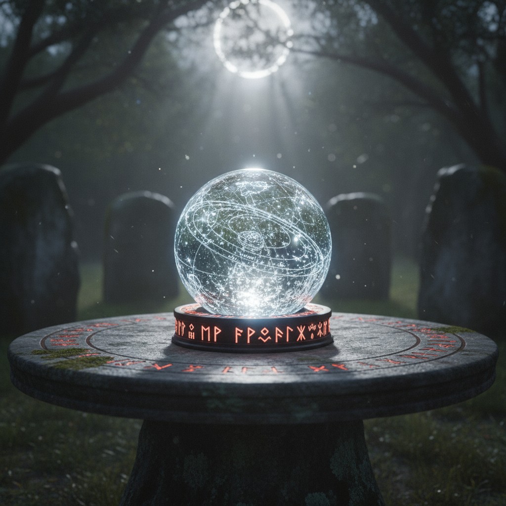 A glowing crystal ball sits on top of an ancient table, inscribed with runes, while a row of tombstones stands upright in ...