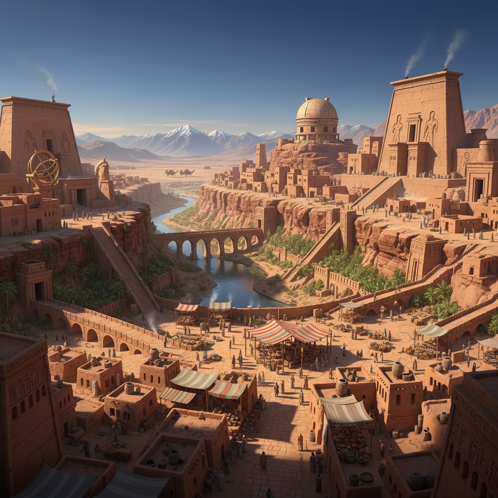 An aerial view of an ancient Egyptian city, with a river running through it and people going about their daily business.