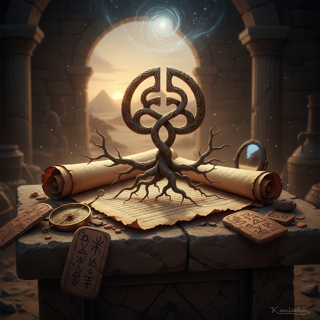 The pyramids of Giza, Egypt, are depicted in the background of a mysterious image featuring an ancient artifact, scrolls, ...