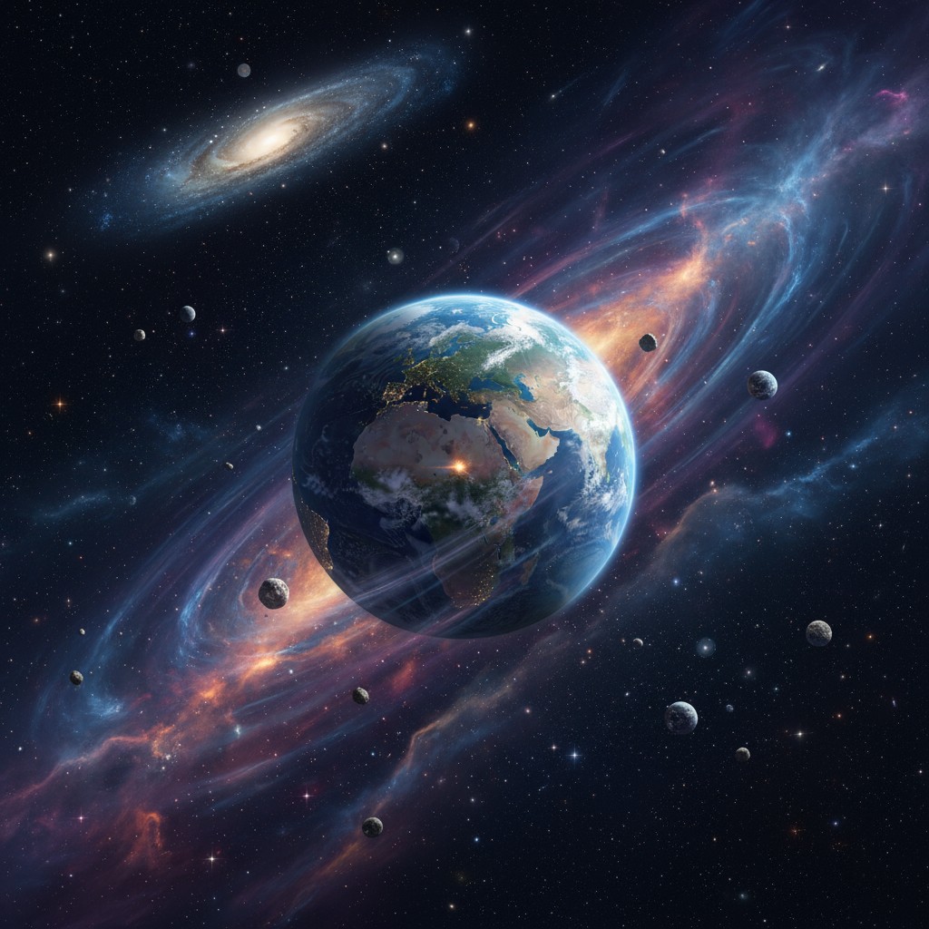 A detailed, painted style illustration of Earth with swirling space, planets and stars.