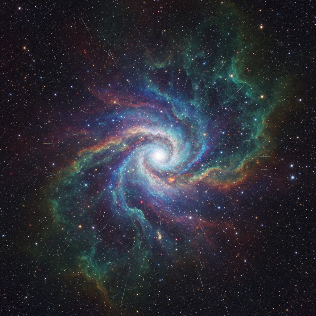 A vibrant galaxy with a swirling pattern of colors, set against a backdrop of twinkling stars.