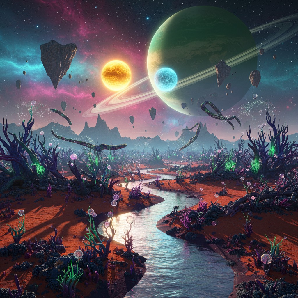 A vast, alien landscape featuring an alien river winding through fantastical, rocky terrain dotted with glowing plants and...