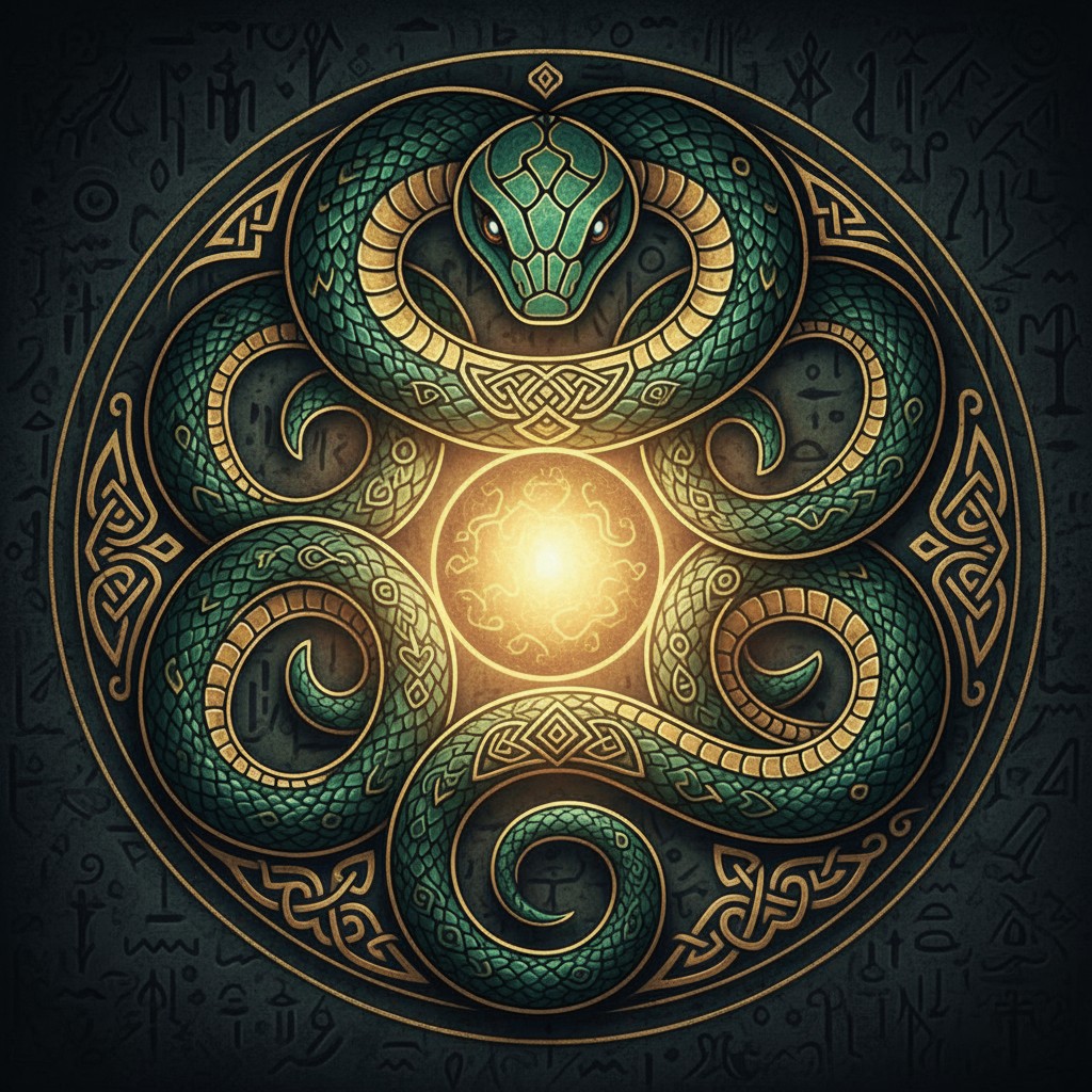 A symmetrical pattern of a snake surrounding a glowing yellow circle, seemingly drawn on a gray background with an array o...