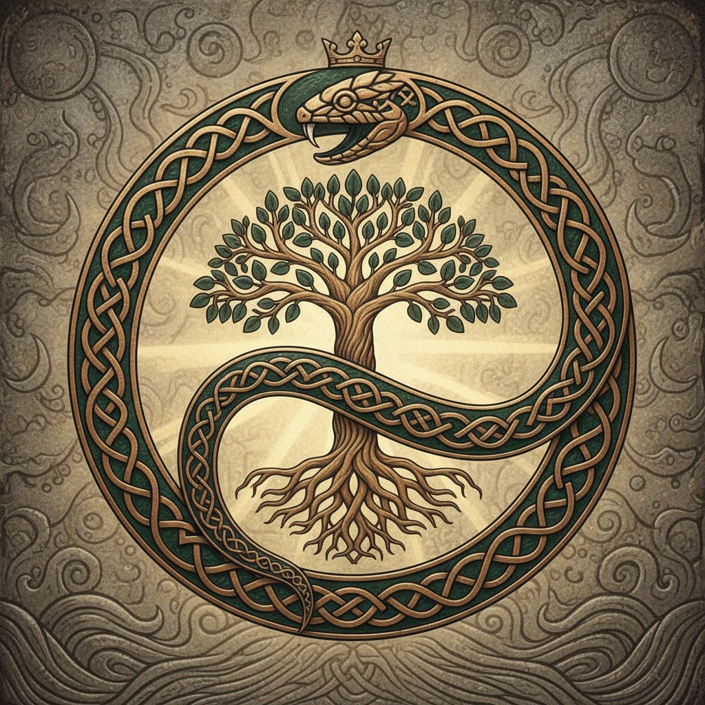 An illustration of the ouroboros, or phoenix tail biting its tail, forming an "O" shape, featuring a crown with an eye on ...